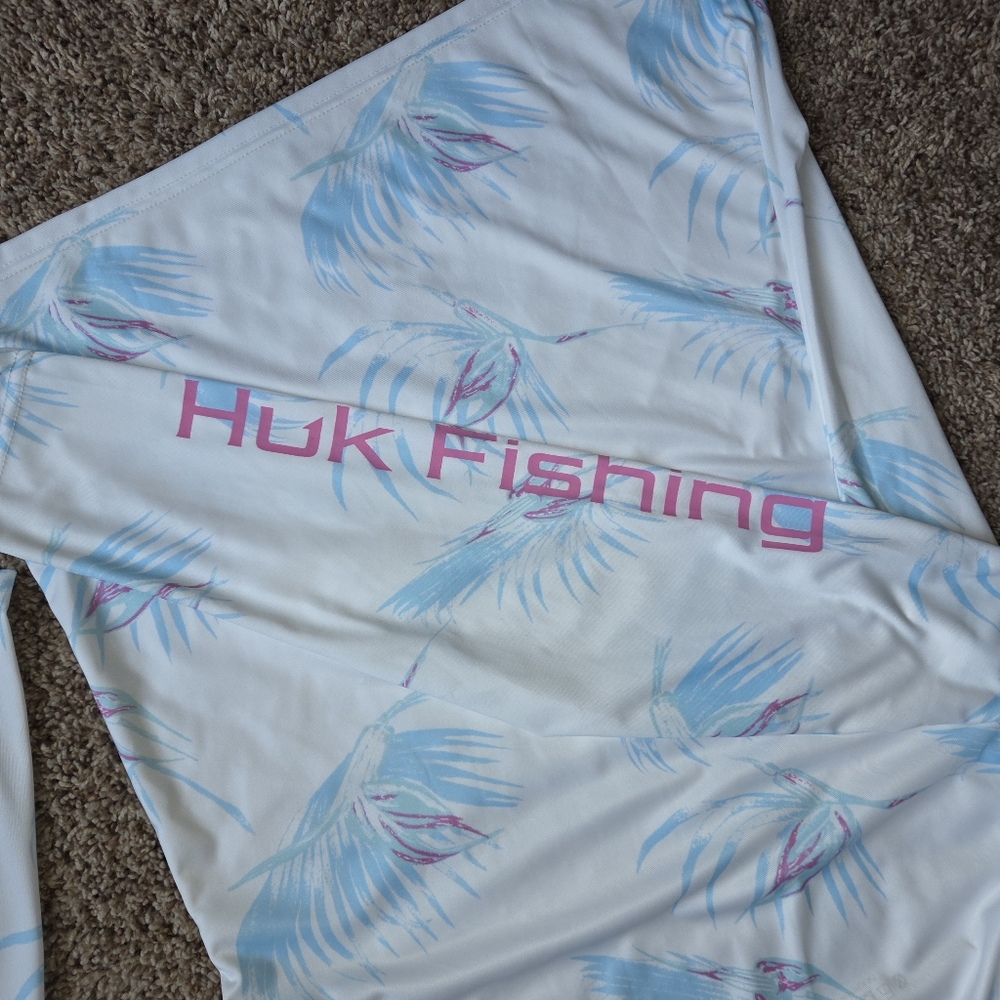 Huk Fishing Shirt Women Large Pursuit Boca Palm Long Sleeve UPF 50+ White Blue - Picture 4 of 6